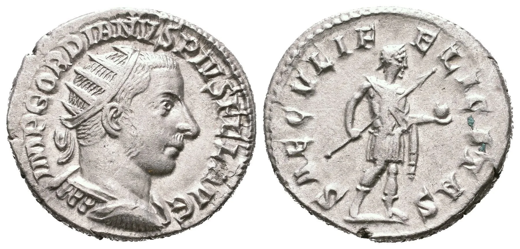 Antoninian, Antiochia, 242 - 244, Rv: SAECVLI FELICITAS, stojící císař s oštěpem — 1