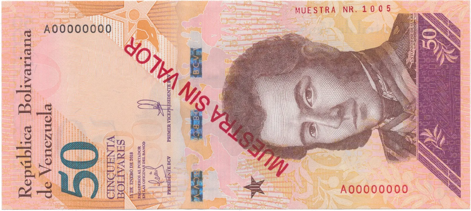 Venezuela, 50 Bolivares 2018, anulát - MUESTRA SIN VALOR, P.105as