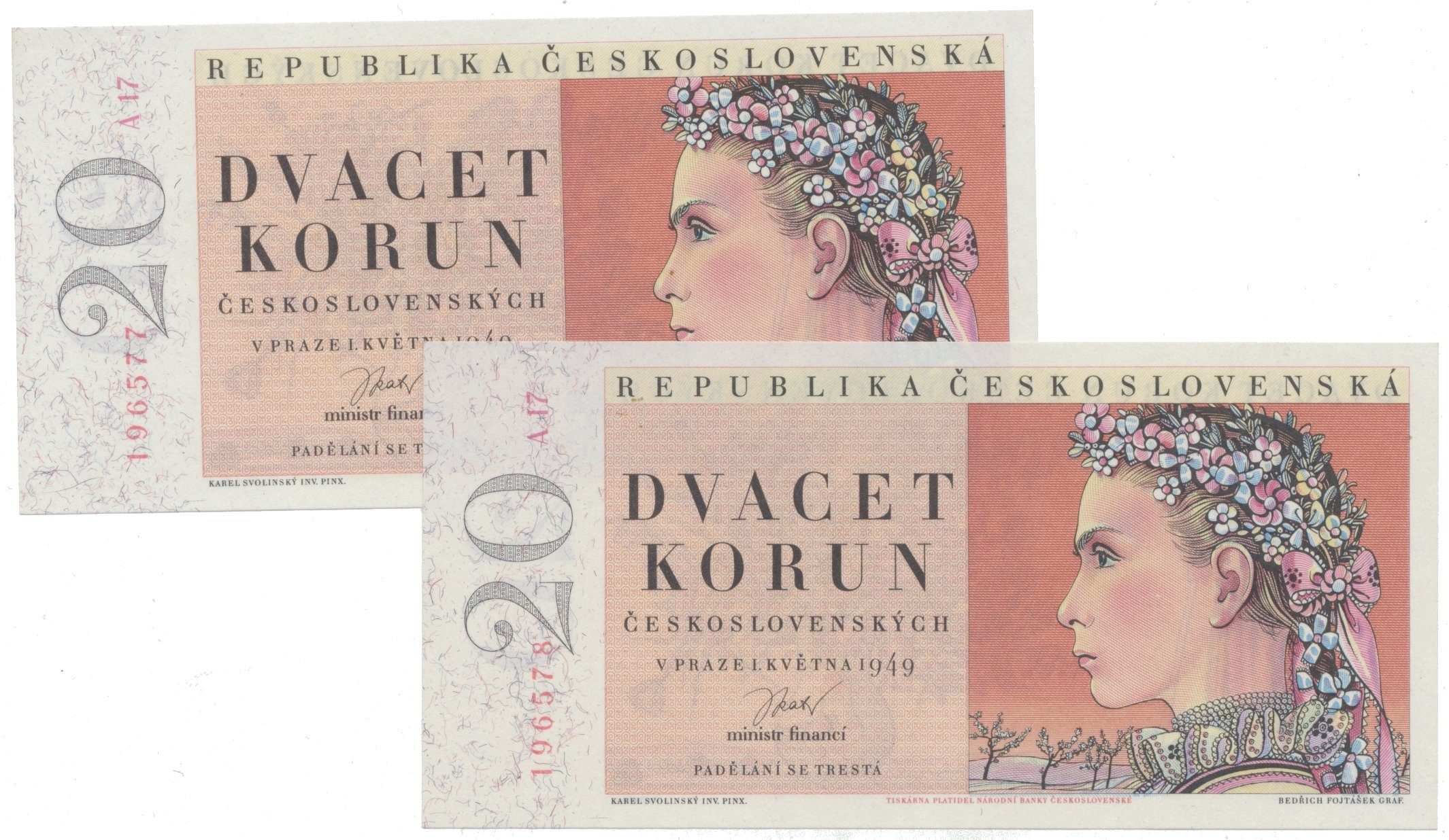 20 Koruna 1949, I. vydání, Hej.84a, 2 ks