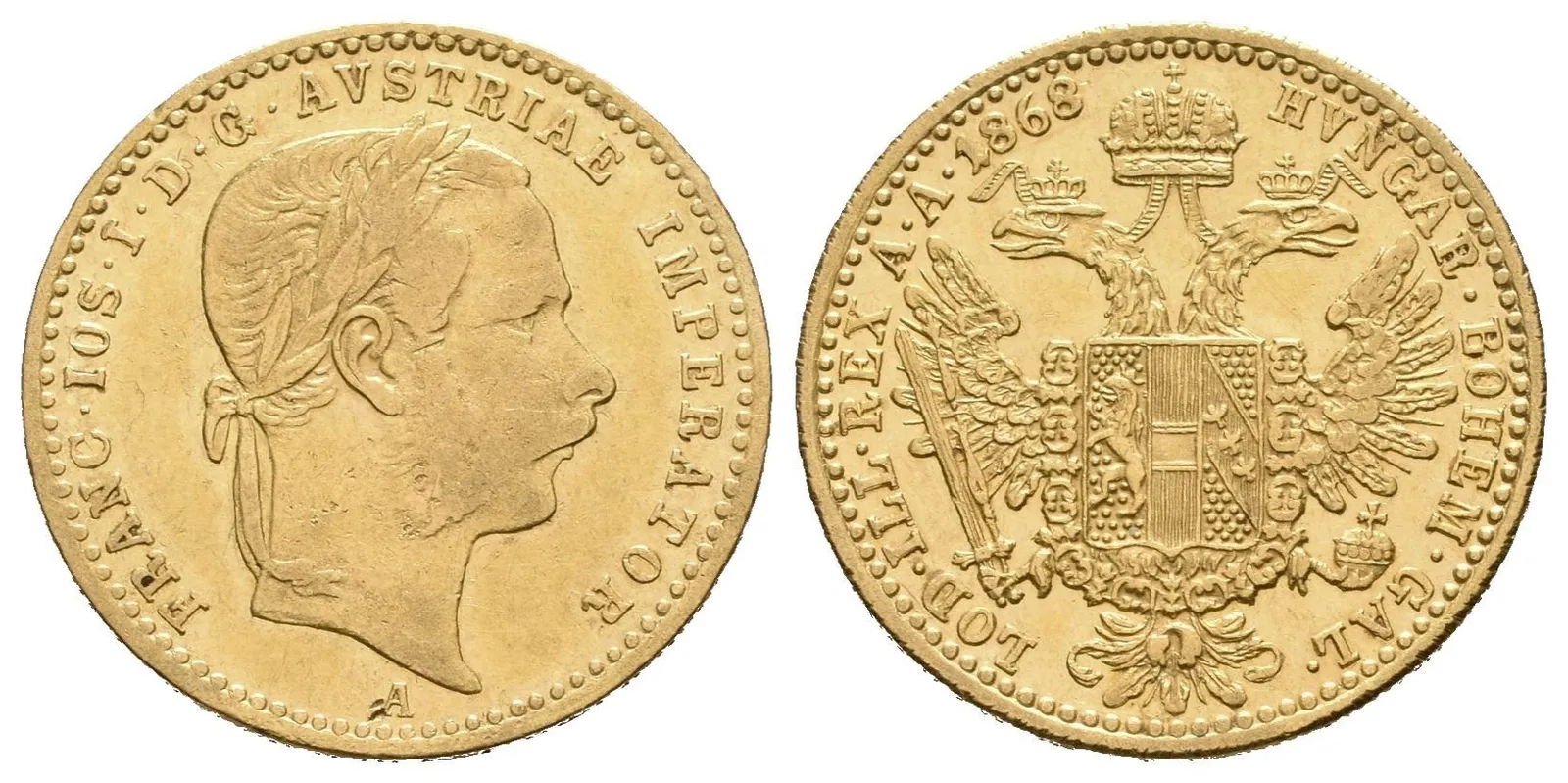 Dukát 1868 A, zbytky lesku na Rv., rysky a drobné hranky — 1