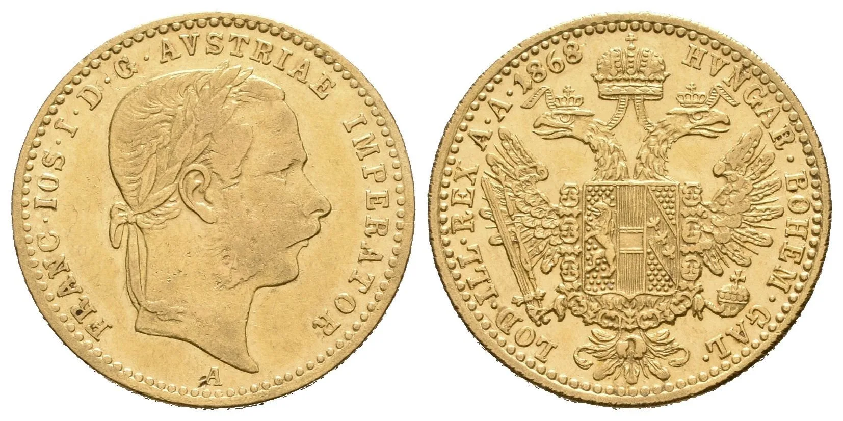 Dukát 1868 A, zbytky lesku na Rv., rysky a drobné hranky — 1