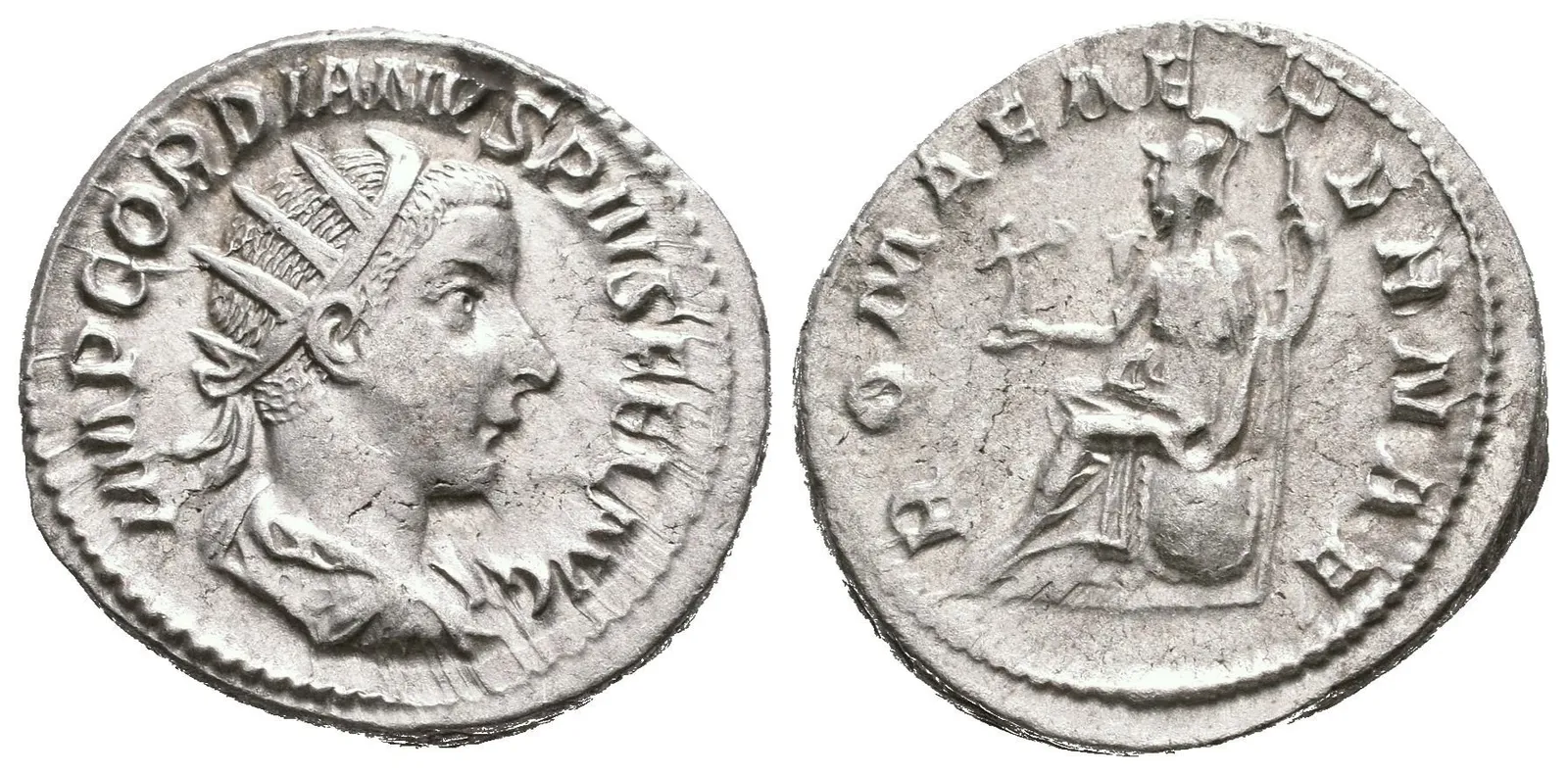 Antoninian, 240, Rv: ROMAE AETERNAE, sedící Roma zleva drží Victorii a oštěp, RIC.70, — 1