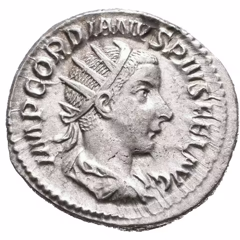 Antoninian, 240, Rv: ROMAE AETERNAE, sedící Roma zleva drží Victorii a oštěp, RIC.70,