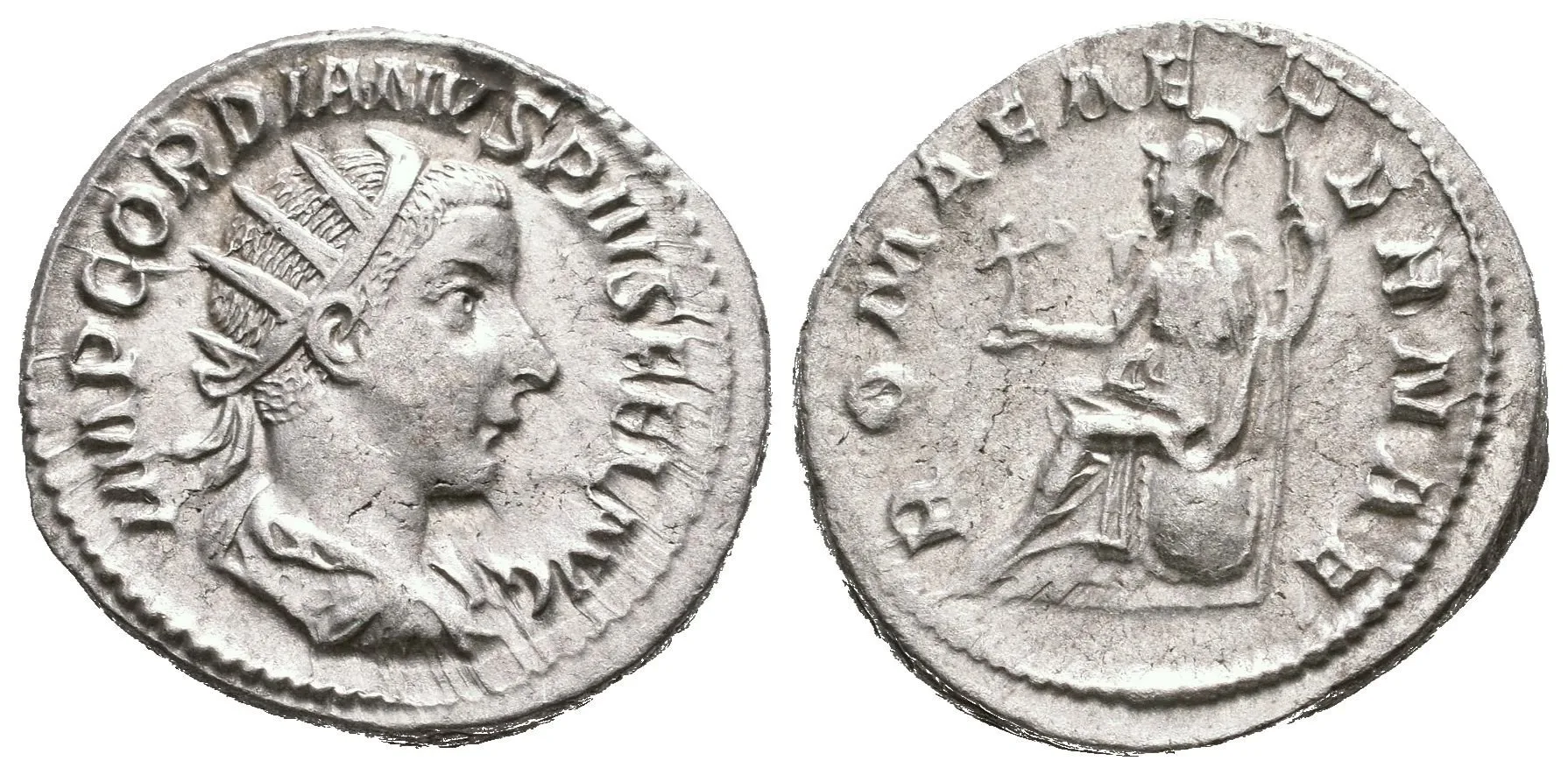 Antoninian, 240, Rv: ROMAE AETERNAE, sedící Roma zleva drží Victorii a oštěp, RIC.70, — 1