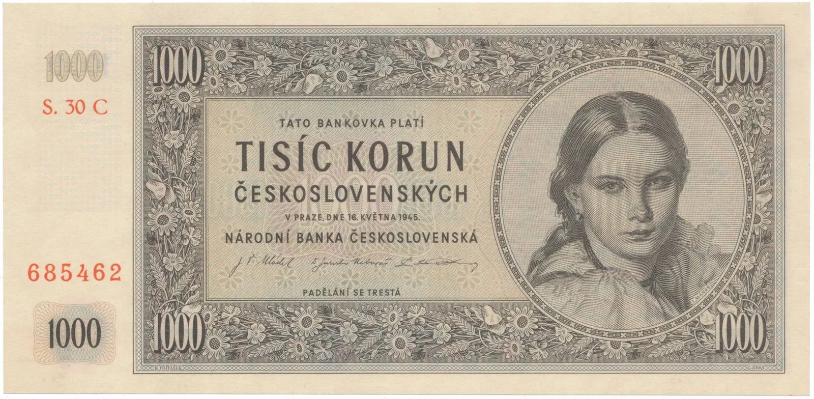 1000 Koruna 1945, II. vydání, série C, Hej.79a