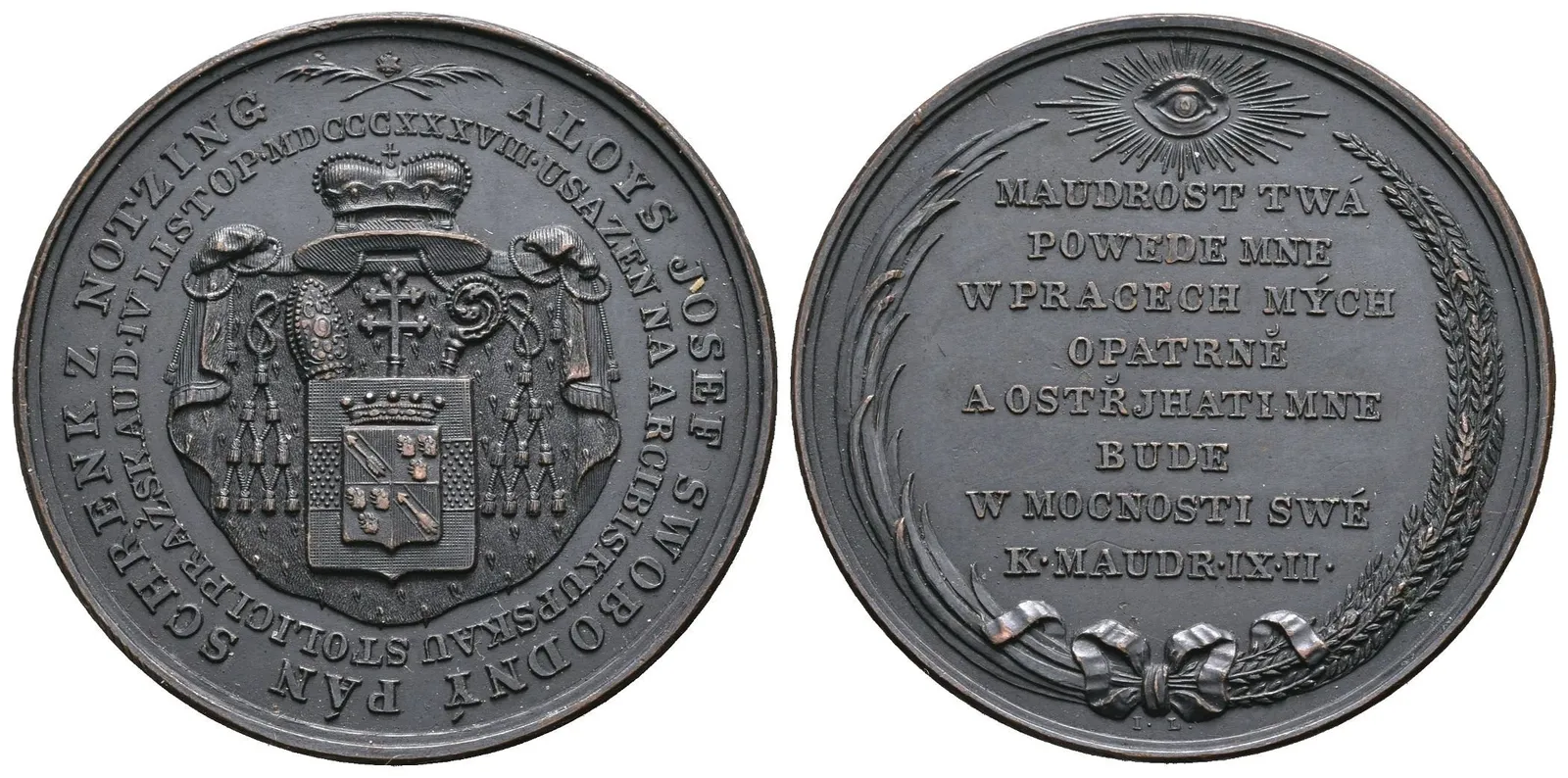 AE Medaile 1838 (J. Lerch) - Intronizační. Arcibiskupský znak, na něm znak Schenků, — 1