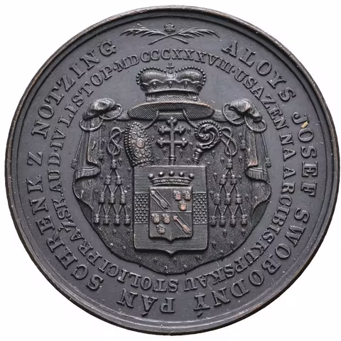 AE Medaile 1838 (J. Lerch) - Intronizační. Arcibiskupský znak, na něm znak Schenků,