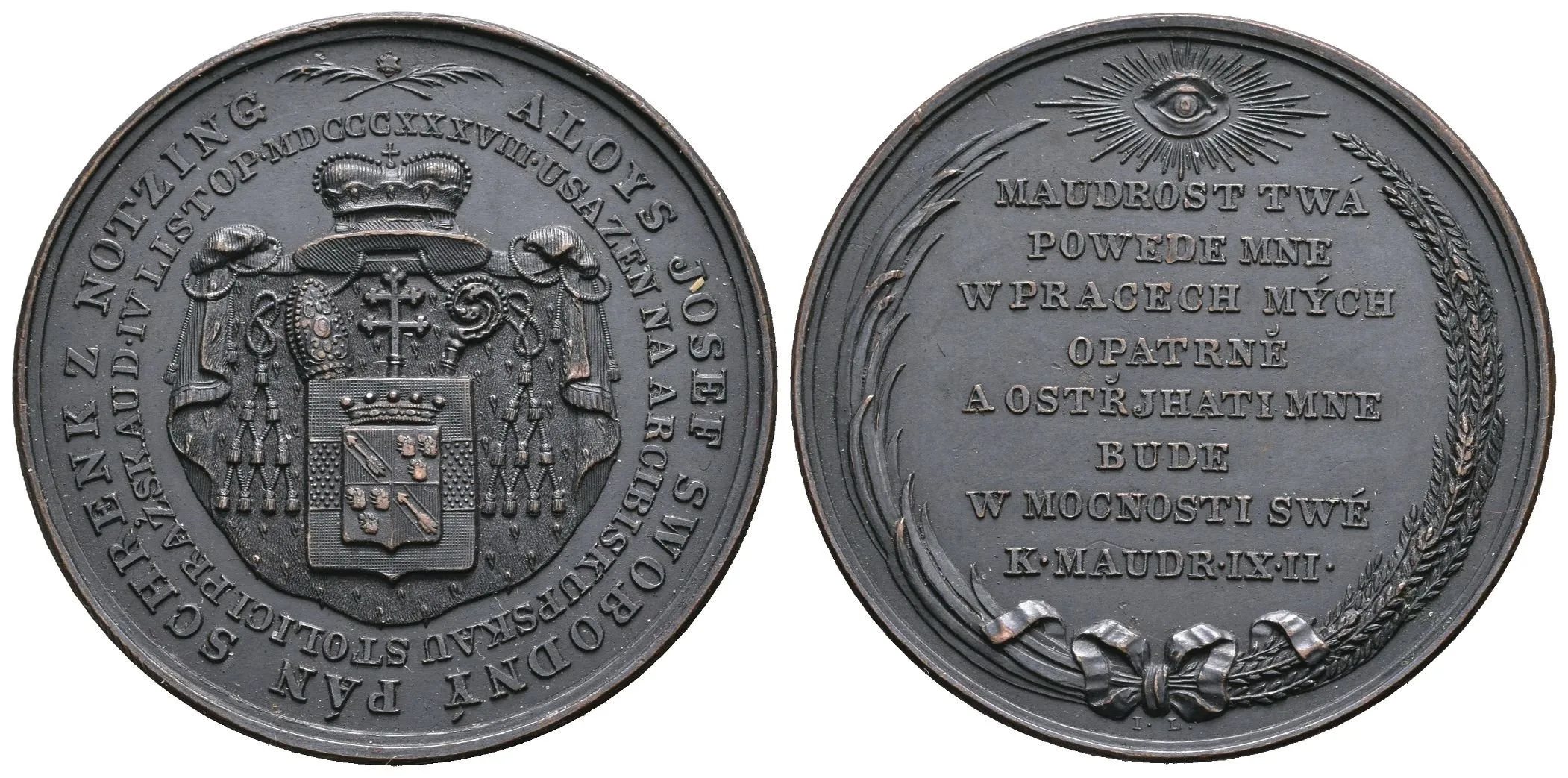 AE Medaile 1838 (J. Lerch) - Intronizační. Arcibiskupský znak, na něm znak Schenků, — 1