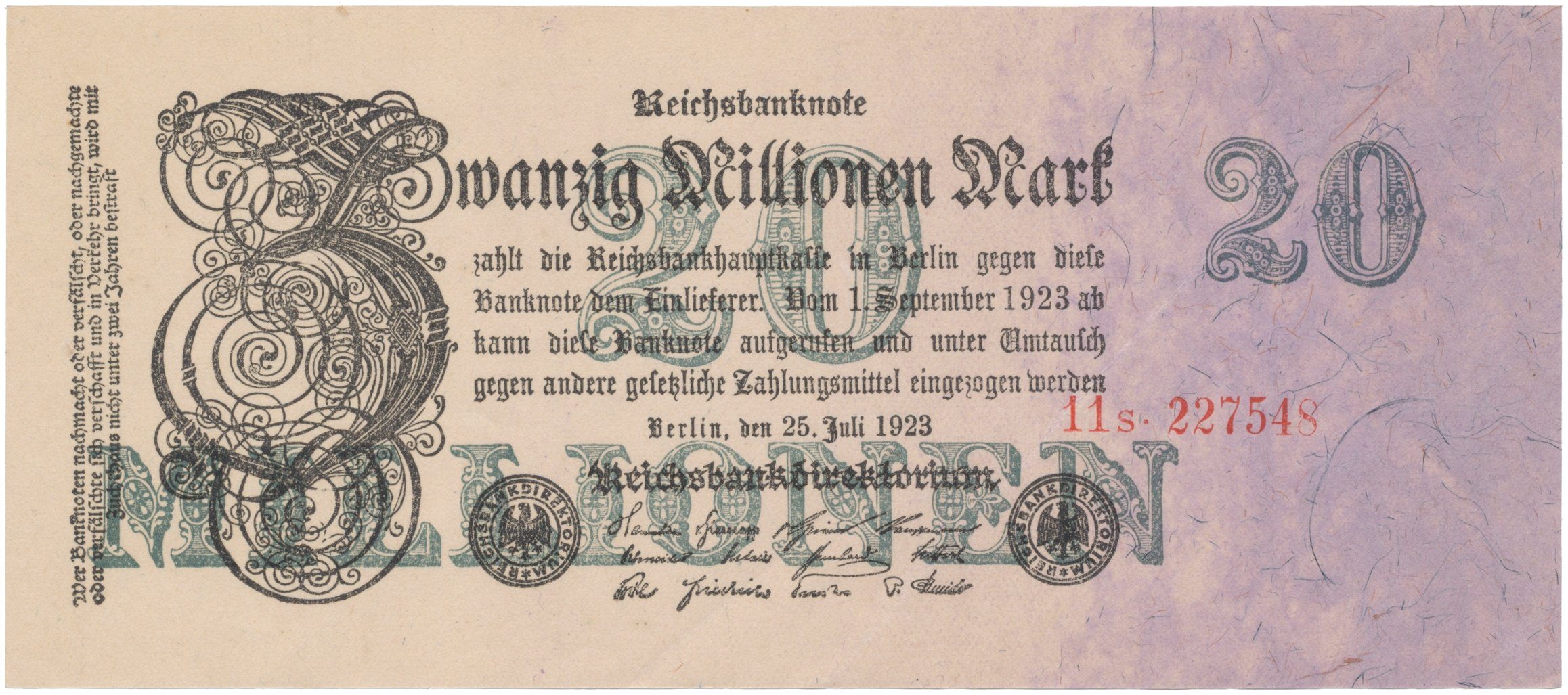 Německo, 20 Millionen Mark 1923, Ro.96b