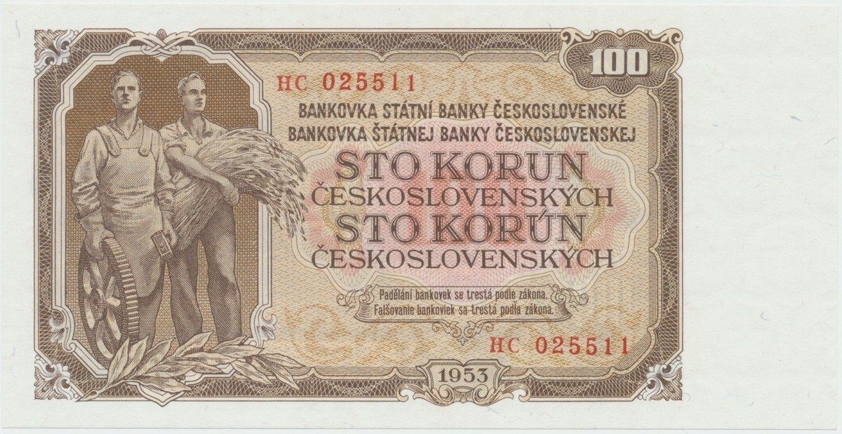 Československo, 100 Koruna 1953, tisk Praha, série HC, Hej.95b