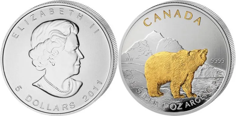 Kanada, 5 Dollars 2011 - Medvěd Grizzly