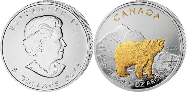 Kanada, 5 Dollars 2011 - Medvěd Grizzly