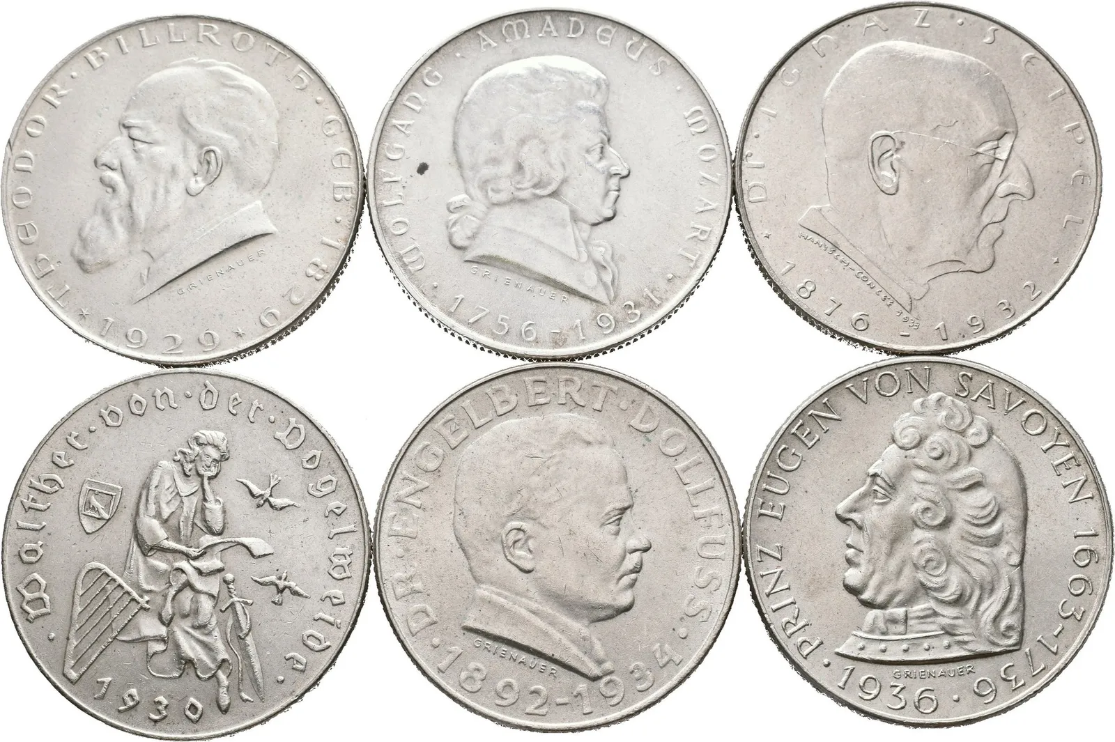 2 Schilling 1929 - 1936 - Billroth, Vogelweide, Mozart, Seipel, Dollfuss, — 1