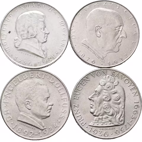 2 Schilling 1929 - 1936 - Billroth, Vogelweide, Mozart, Seipel, Dollfuss,