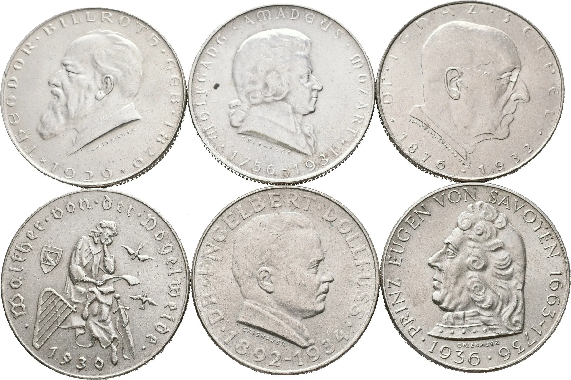 2 Schilling 1929 - 1936 - Billroth, Vogelweide, Mozart, Seipel, Dollfuss, — 1
