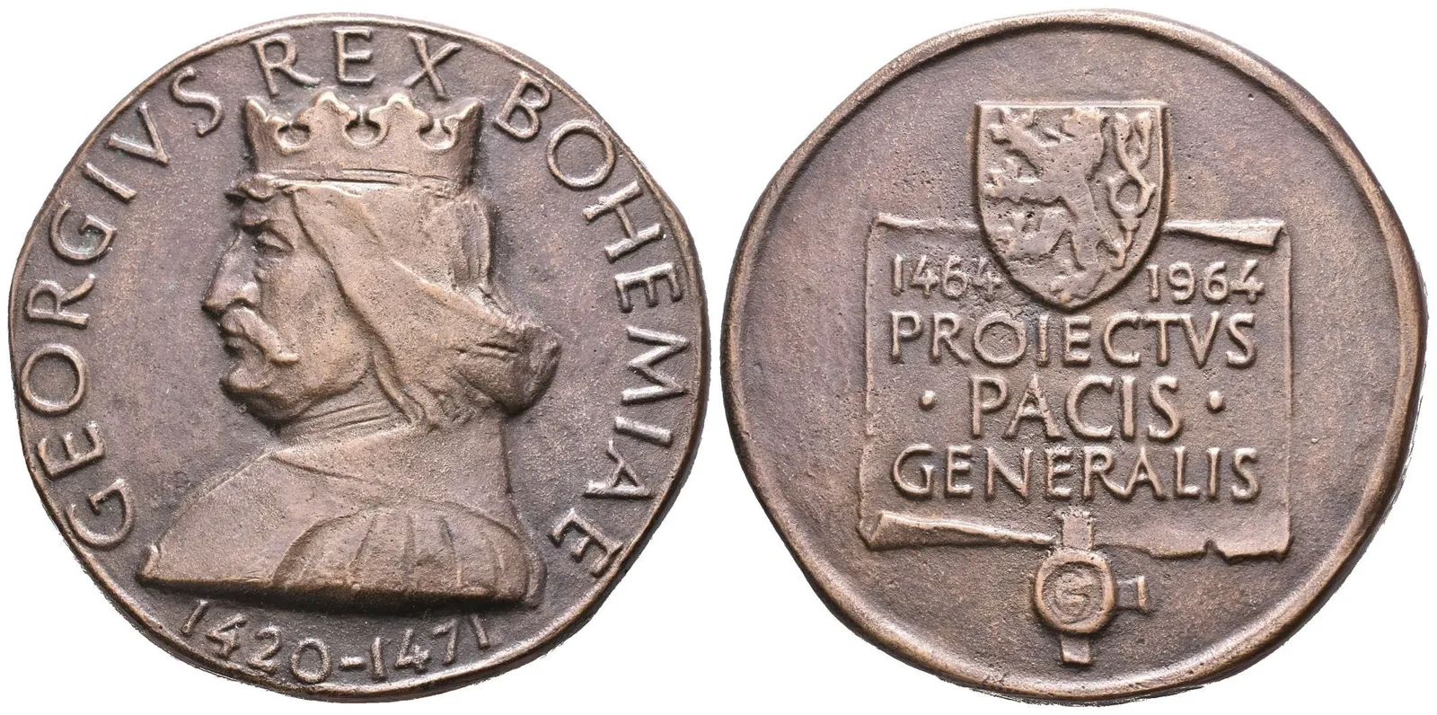 AE Medaile 1964 - Jiří z Poděbrad, 500 let míruvého projektu. Patinovaný bronz 60 mm — 1