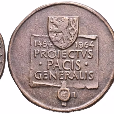AE Medaile 1964 - Jiří z Poděbrad, 500 let míruvého projektu. Patinovaný bronz 60 mm