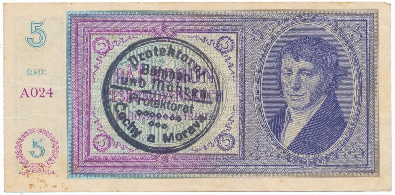 5 Koruna b.d. (1938/1940), ruční razítko, Hej.29a