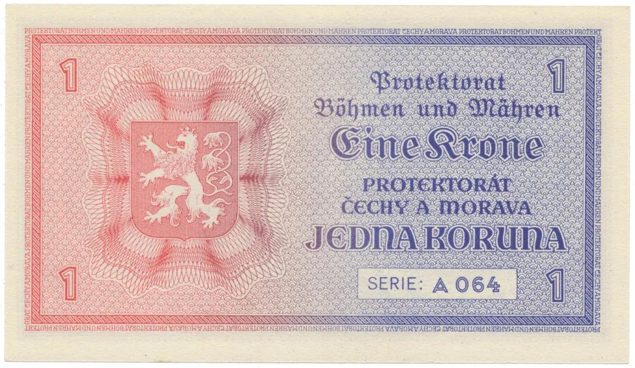 Protektorát Čechy a Morava, 1 Koruna b.d. (1940), tisk TB NBČM, série A, Hej.30aA