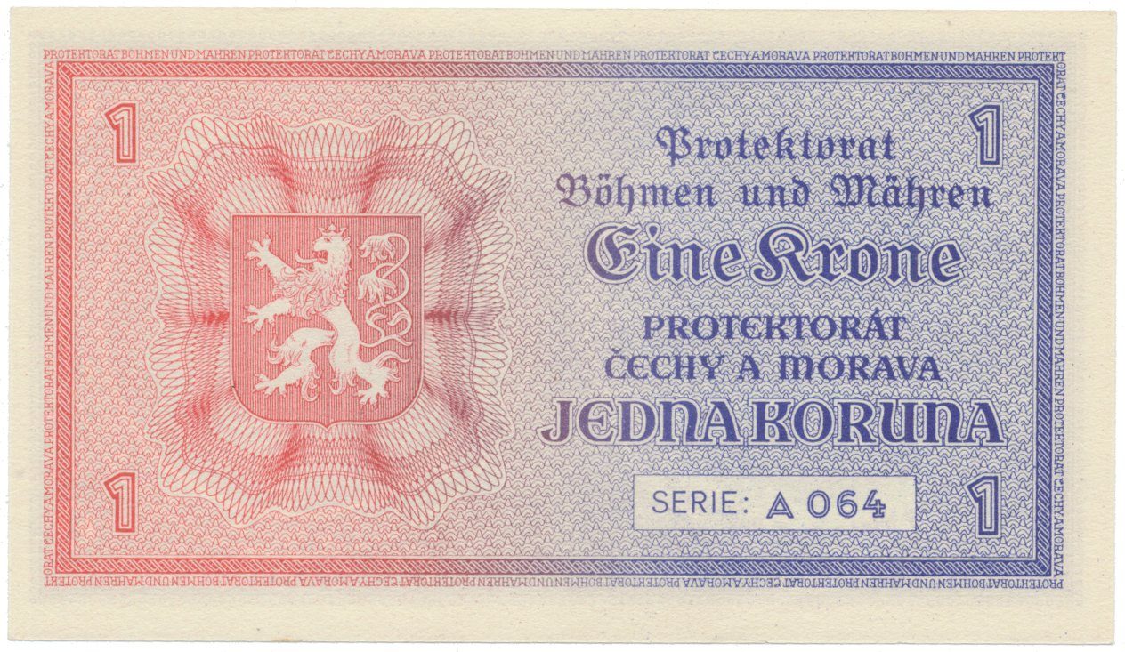 Protektorát Čechy a Morava, 1 Koruna b.d. (1940), tisk TB NBČM, série A, Hej.30aA