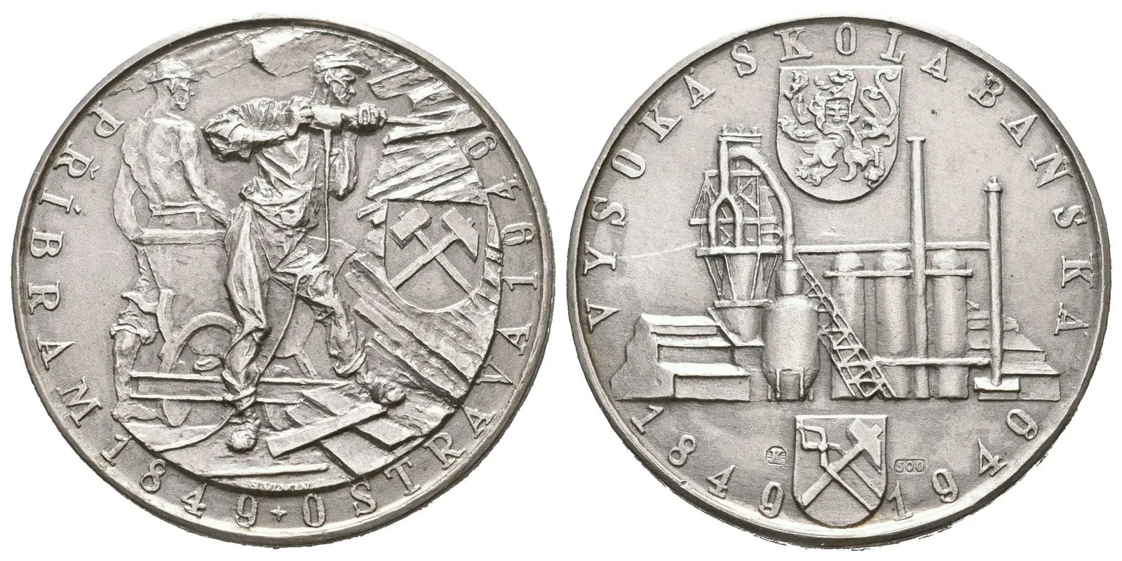 AR Medaile 1949 - Vysoká škola báňská. Dva horníci s vozíkem, znak, opis / — 1