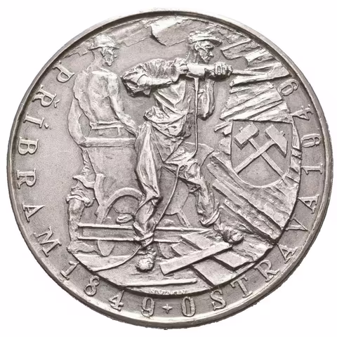 AR Medaile 1949 - Vysoká škola báňská. Dva horníci s vozíkem, znak, opis /