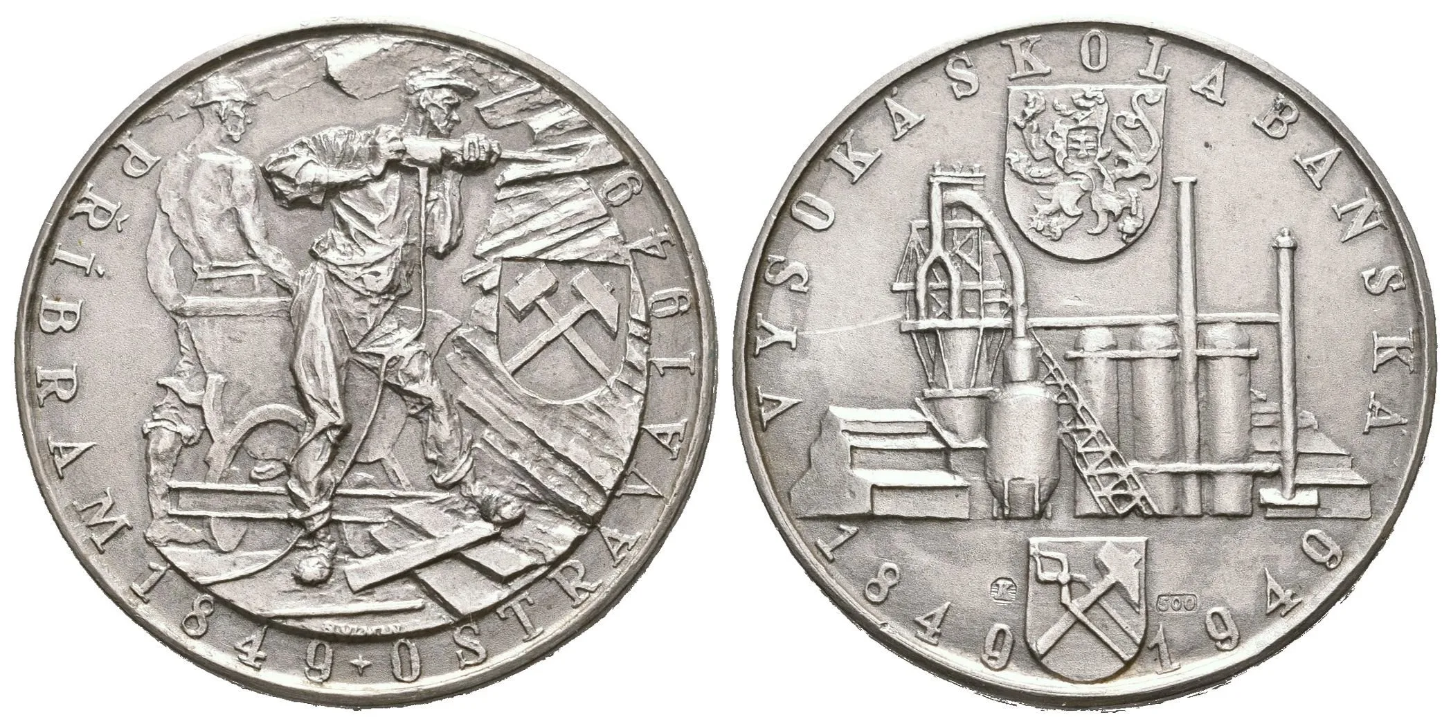 AR Medaile 1949 - Vysoká škola báňská. Dva horníci s vozíkem, znak, opis / — 1