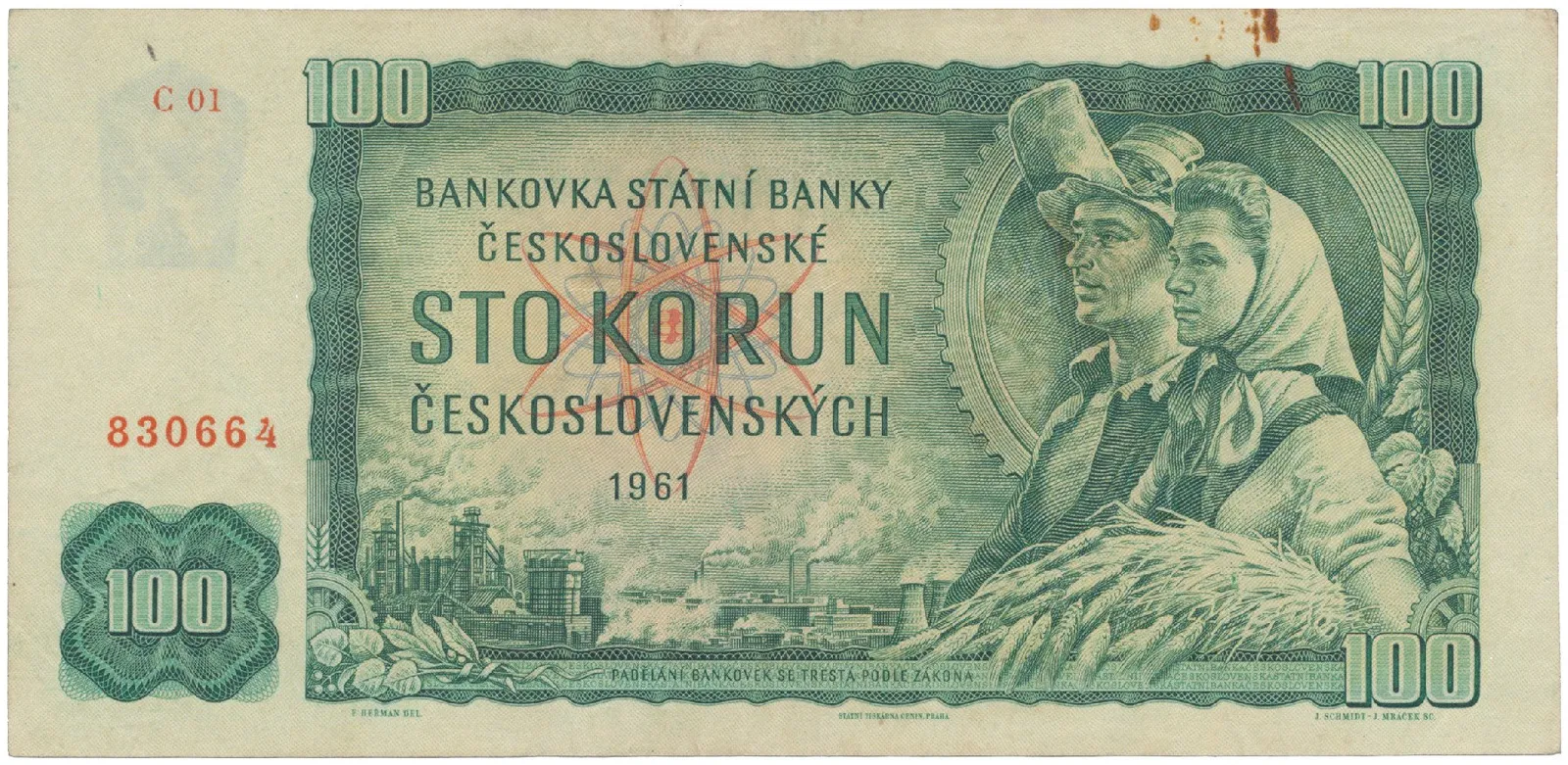 Československo, 100 Koruna 1961, I. vydání, první série C 01, Hej.101aC