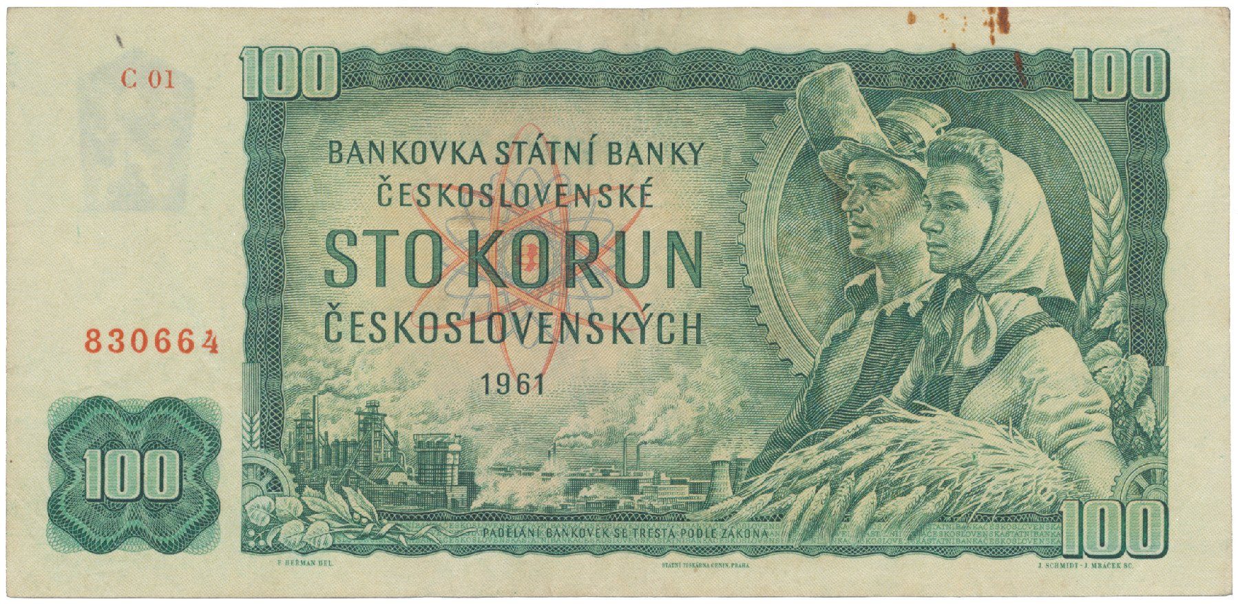 Československo, 100 Koruna 1961, I. vydání, první série C 01, Hej.101aC