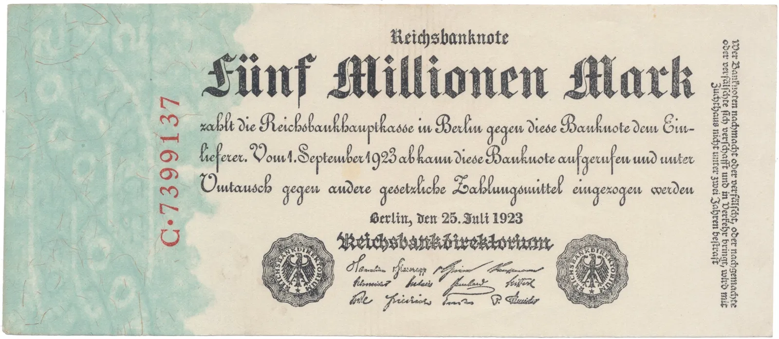 Německo, 5 Millionen Mark 1923, Ro.94