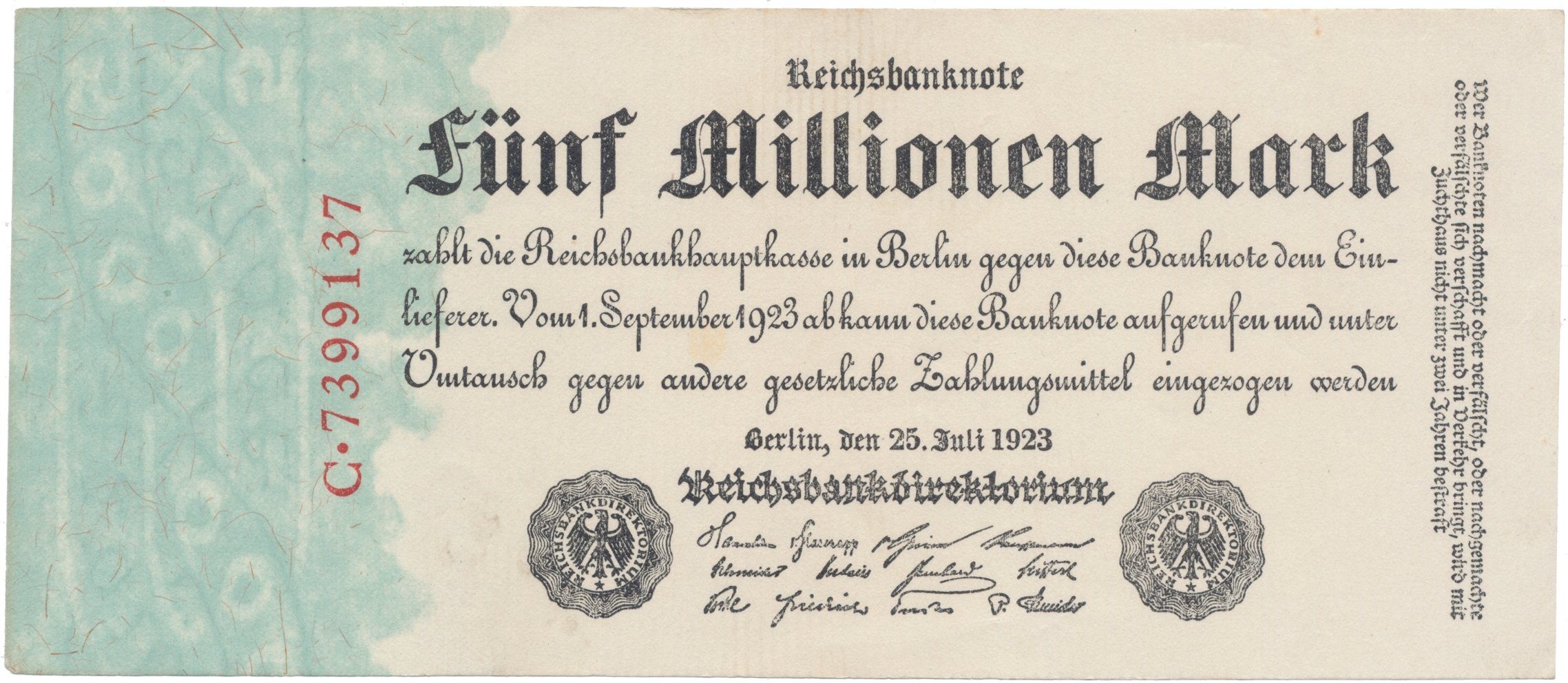 Německo, 5 Millionen Mark 1923, Ro.94
