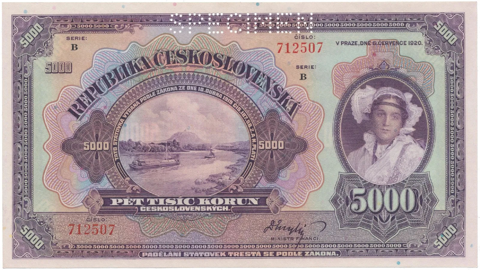 5000 Koruna 1920, série B, SPECIMEN, Hej.17b.S1