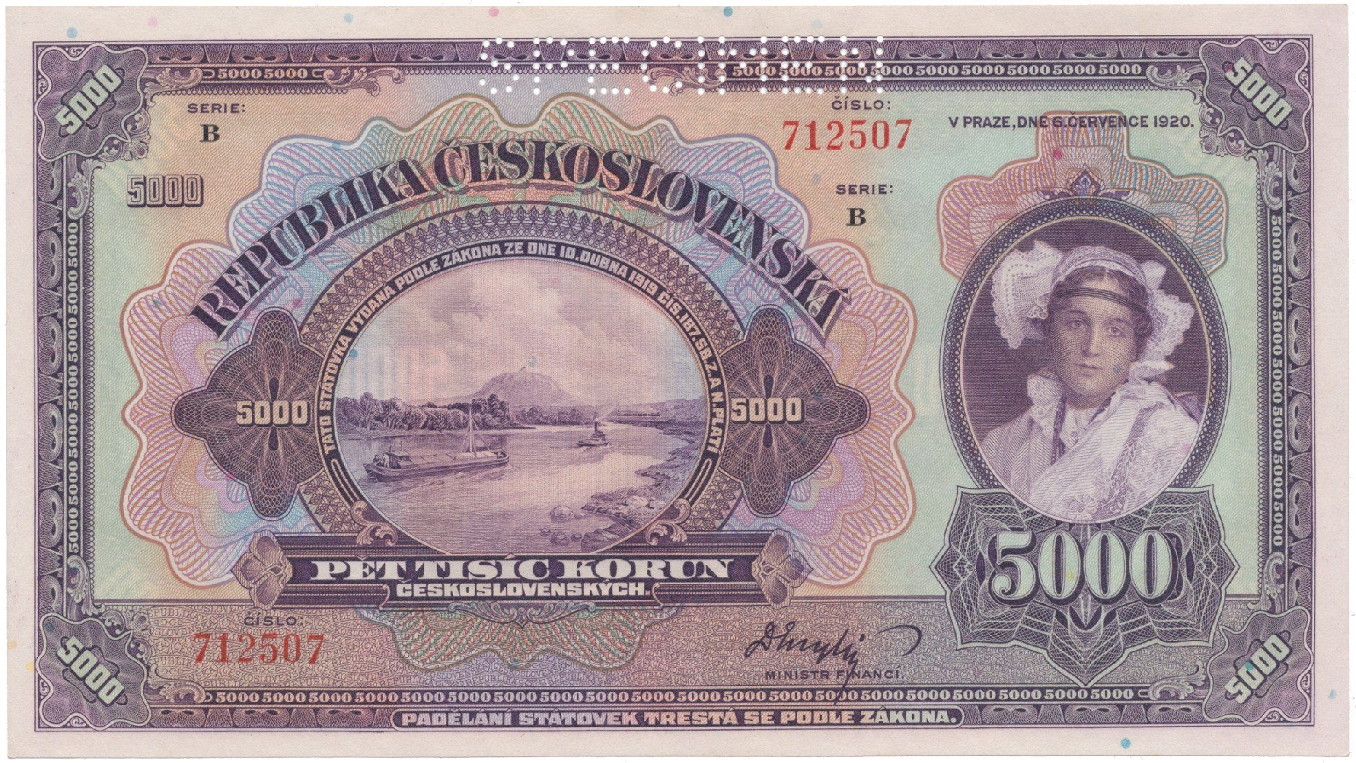5000 Koruna 1920, série B, SPECIMEN, Hej.17b.S1