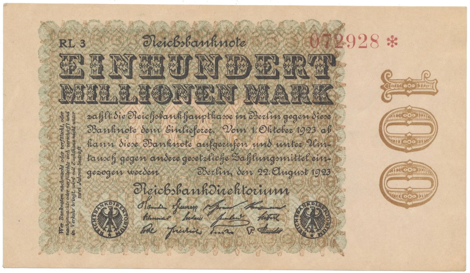 Německo, 100 Millionen Mark 1923, Hakensterne, Ro.106l