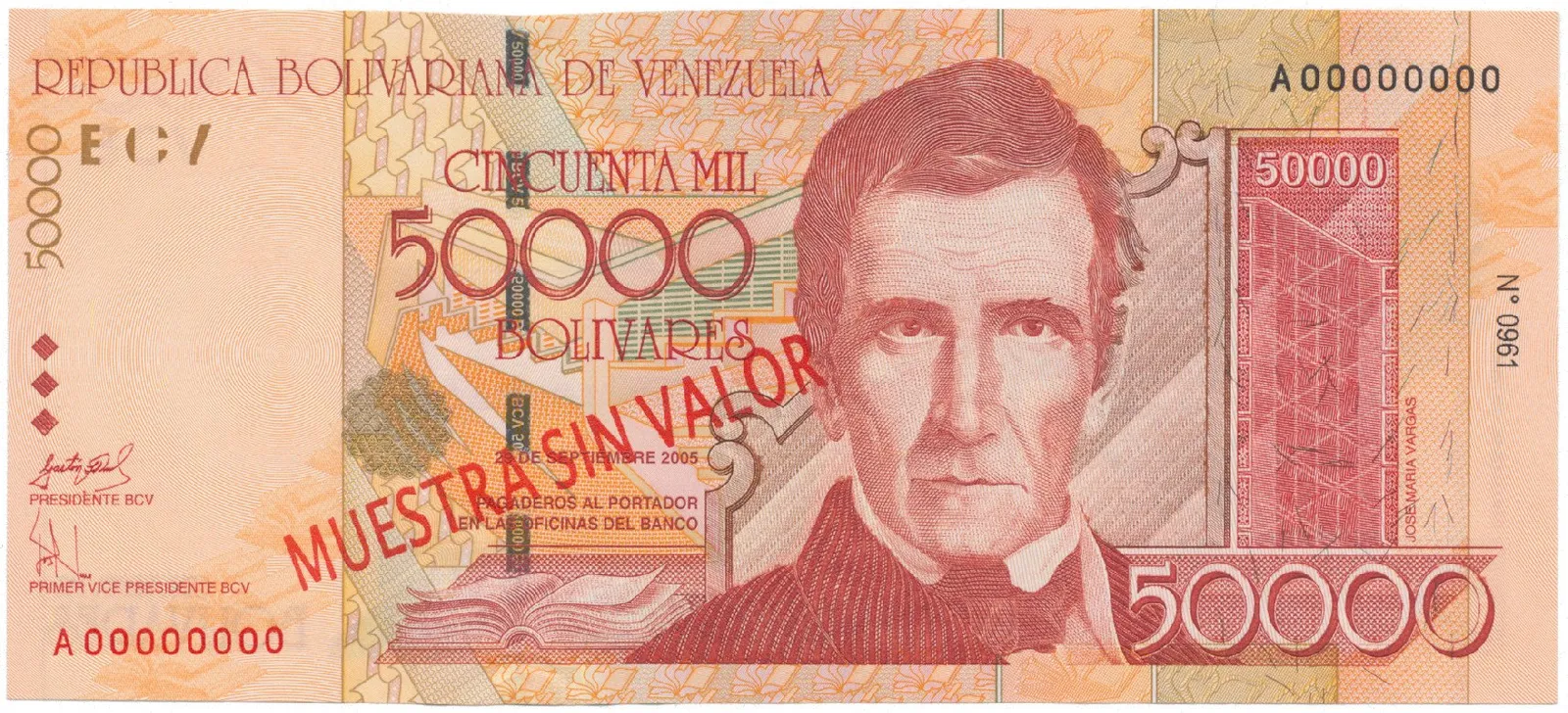 Venezuela, 50.000 Bolivares 2005, anulát - MUESTRA SIN VALOR, P.87bs