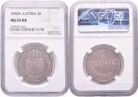 2 Krejcar 1848 A, etue NGC, hodnocení MS 63 RB, luxusní zachovalost s — 2