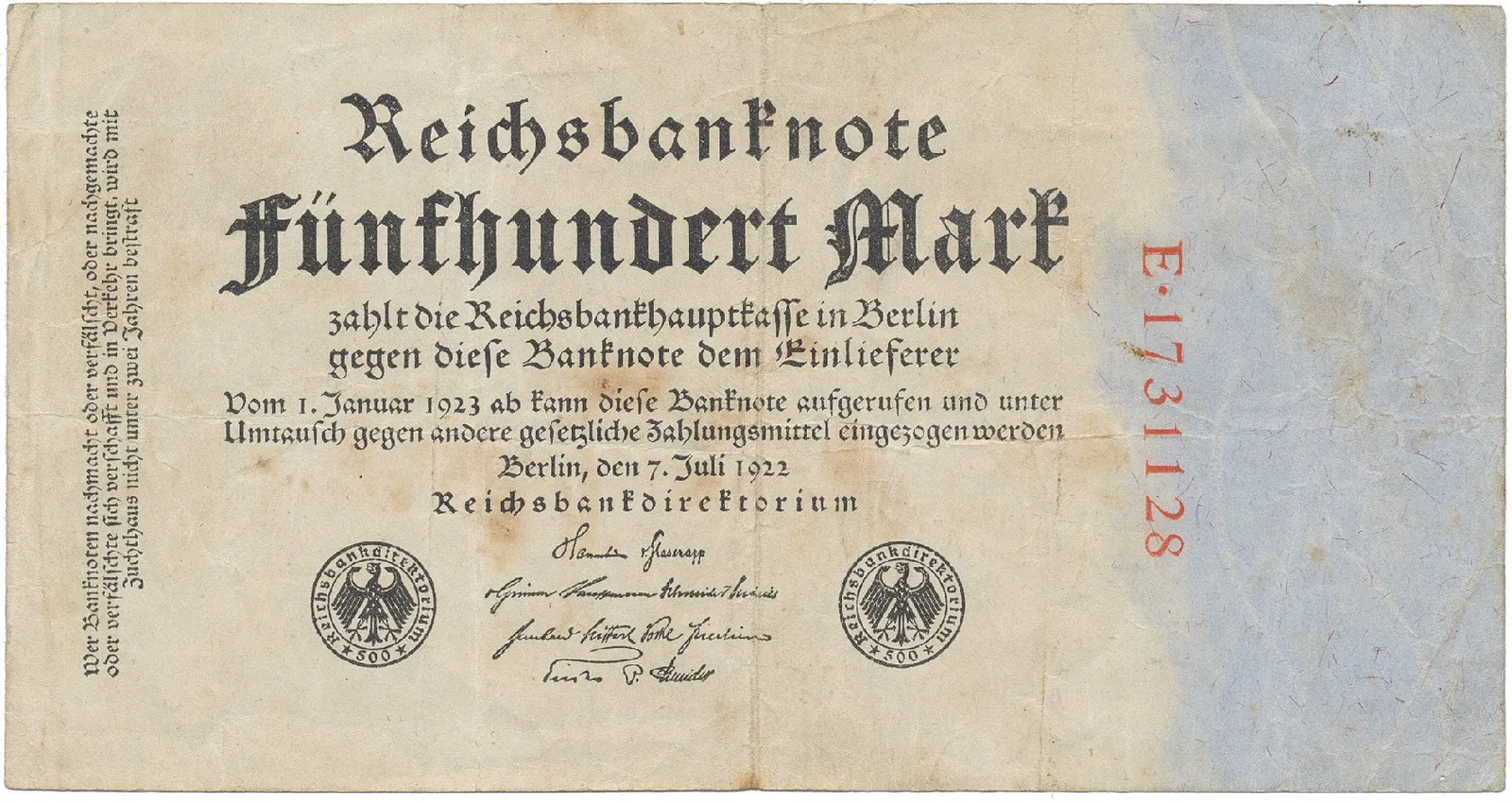 Německo, 500 Mark 1922, červený číslovač, Ro.71a