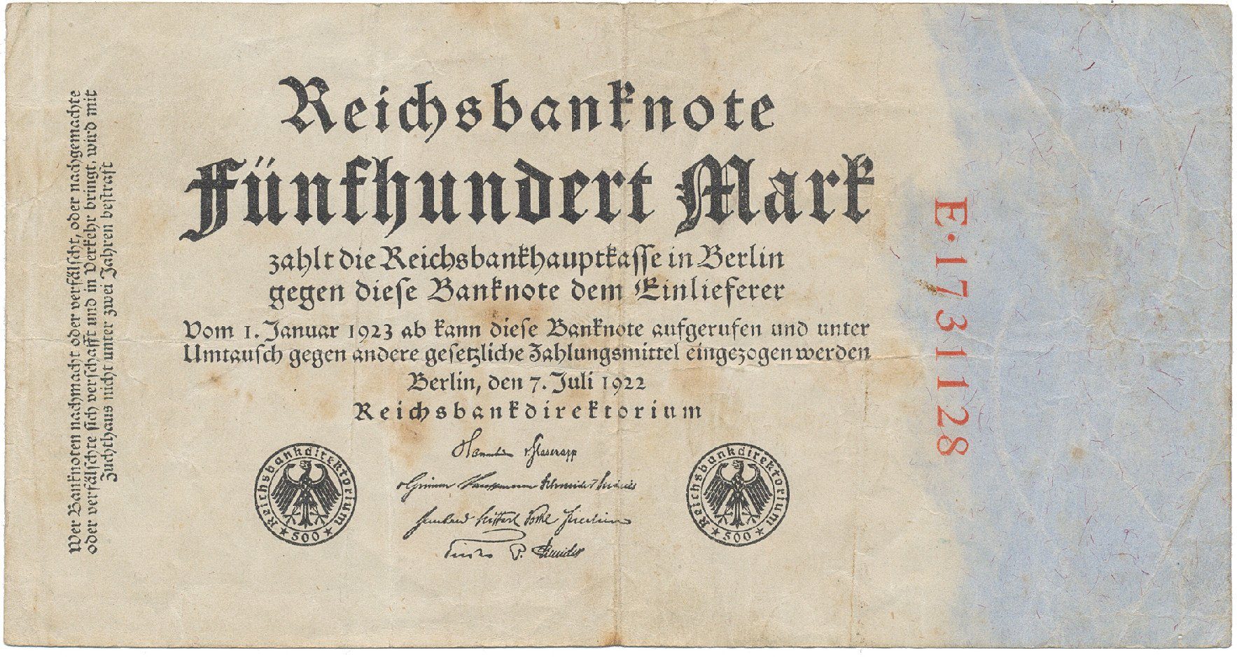Německo, 500 Mark 1922, červený číslovač, Ro.71a