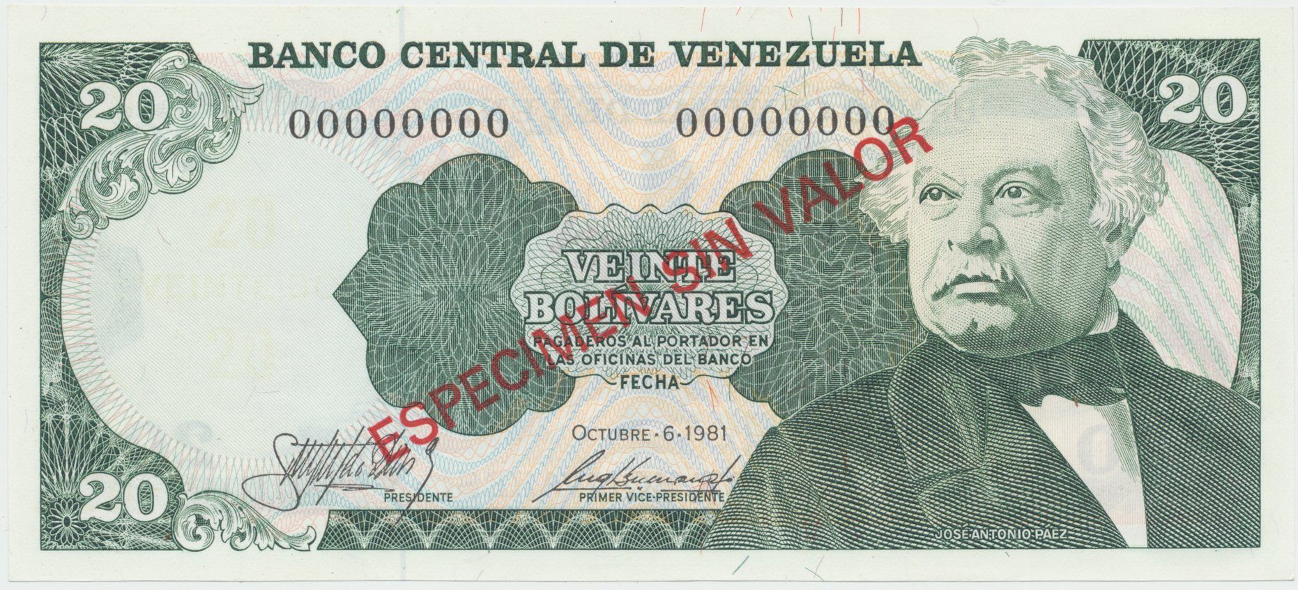Venezuela, 20 Bolivares 1981, anulát - ESPECIMEN SIN VALOR, P.63as