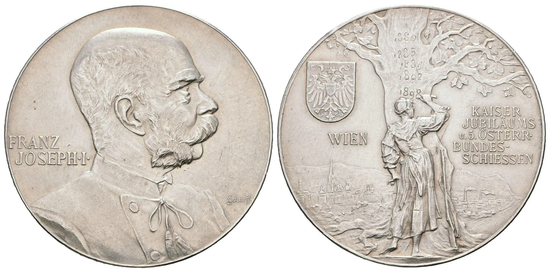 AR Medaile 1898 (A. Scharff) - V. rakouské spolkové střelby Vídni k 50. výročí nastoupení — 1