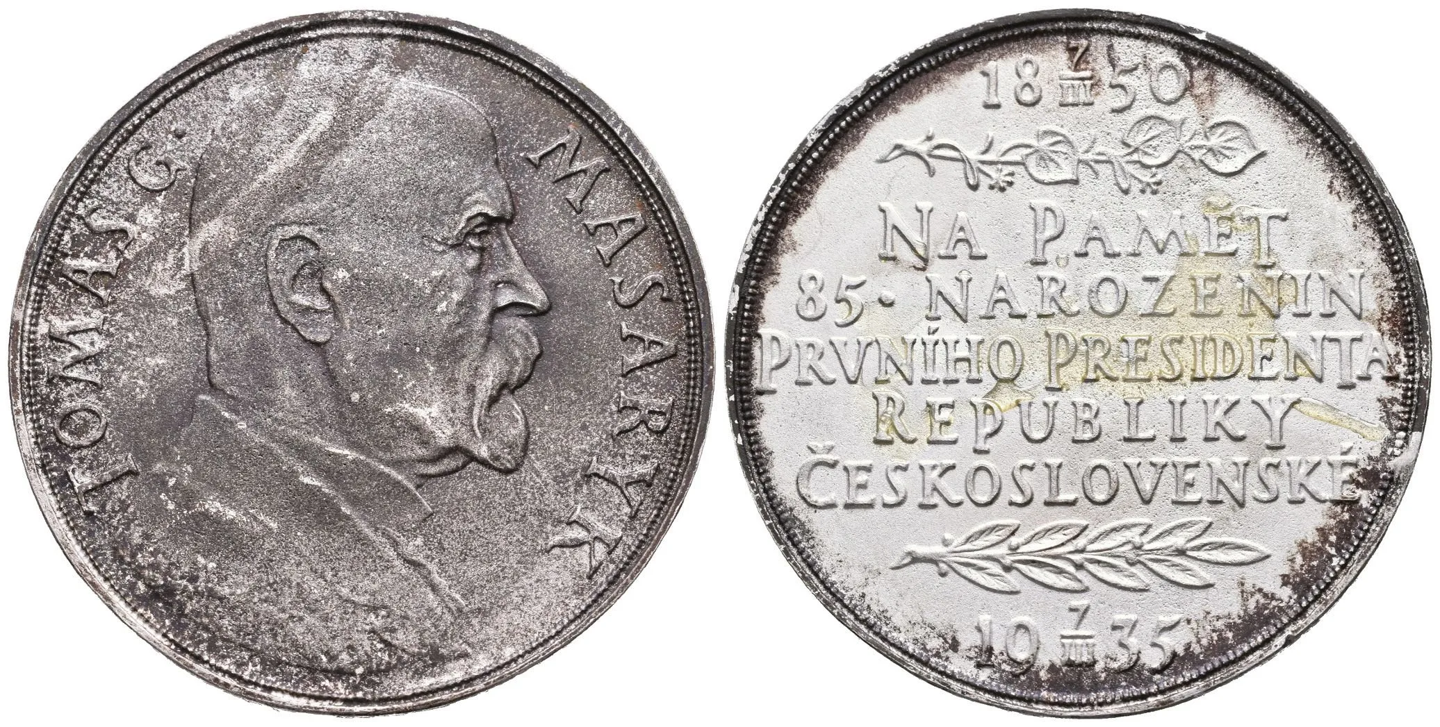 AE Medaile 1935 - K 85. narozeninám T. G. Masaryka. Poprsí T. G. Masaryka zprava, — 1