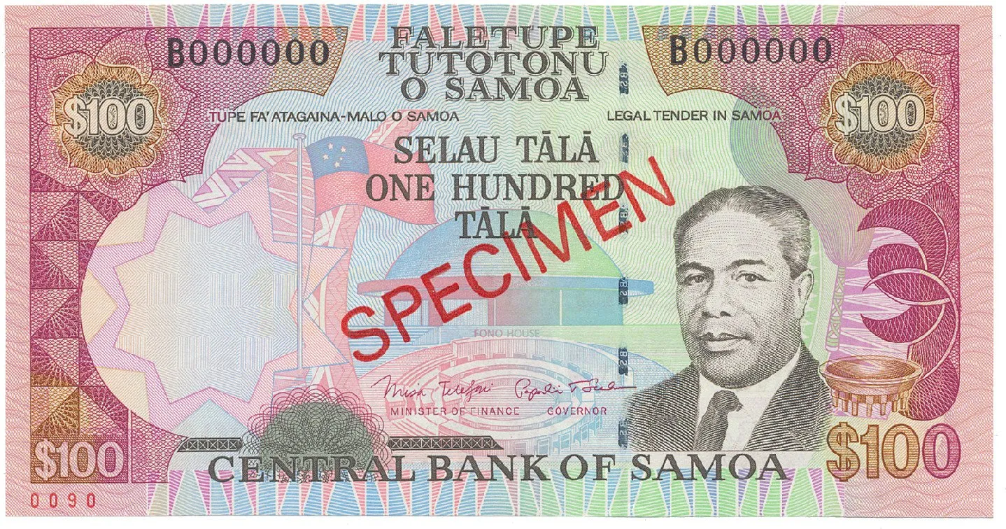 Samoa, 100 Tala (2006), bankovní vzor, B 000000, přetisk SPECIMEN, P.37s