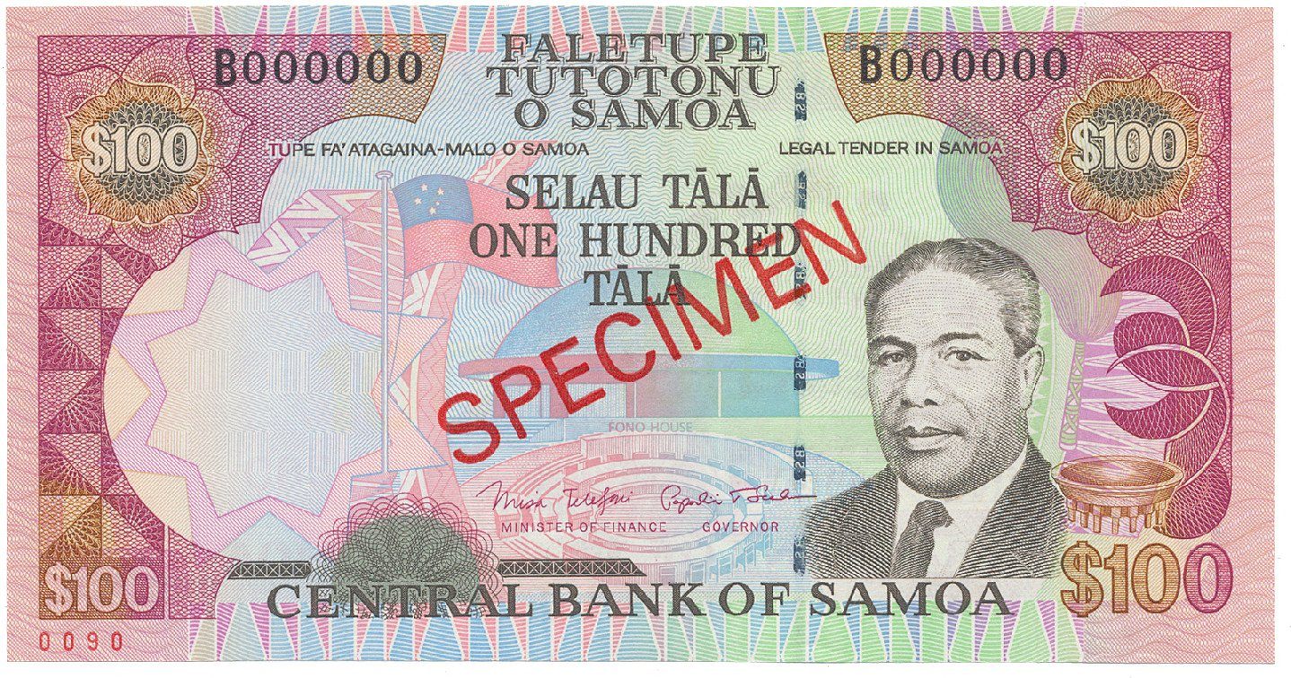 Samoa, 100 Tala (2006), bankovní vzor, B 000000, přetisk SPECIMEN, P.37s