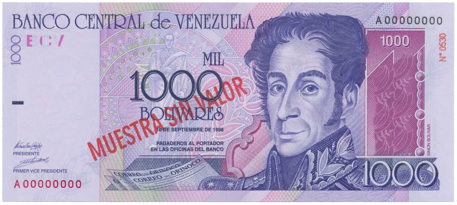 Venezuela, 1000 Bolivares 1998, anulát - MUESTRA SIN VALOR, P.79s