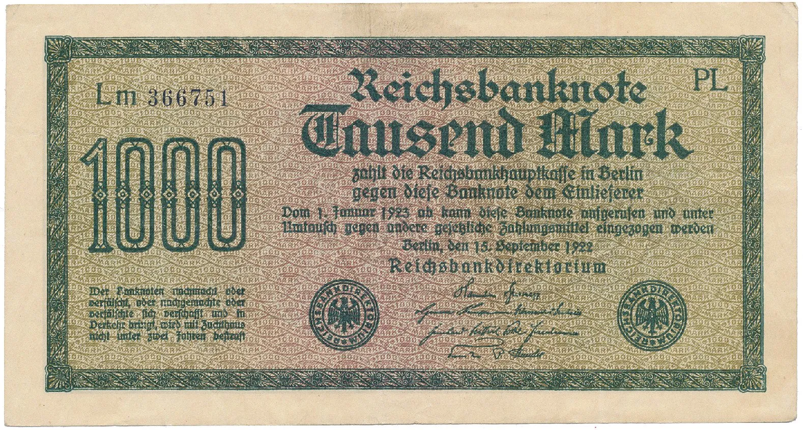 Německo, 1000 Mark 1922, vod. Hakensterne, černé 6-místné číslo, Ro.75b