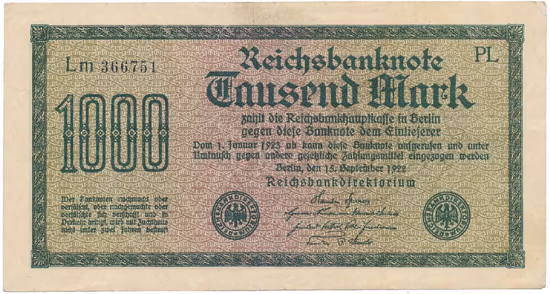 Německo, 1000 Mark 1922, vod. Hakensterne, černé 6-místné číslo, Ro.75b
