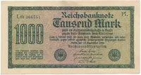 Německo, 1000 Mark 1922, vod. Hakensterne, černé 6-místné číslo, Ro.75b