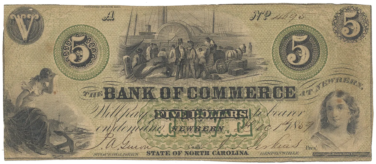 USA, North Carolina, Newbern, The Bank of Commerce, 5 Dollars 1. 12. 1859