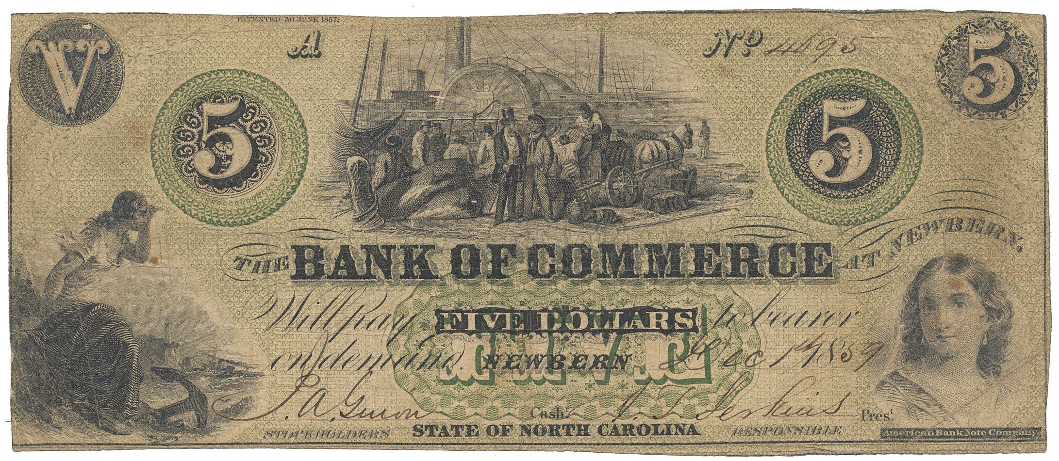 USA, North Carolina, Newbern, The Bank of Commerce, 5 Dollars 1. 12. 1859