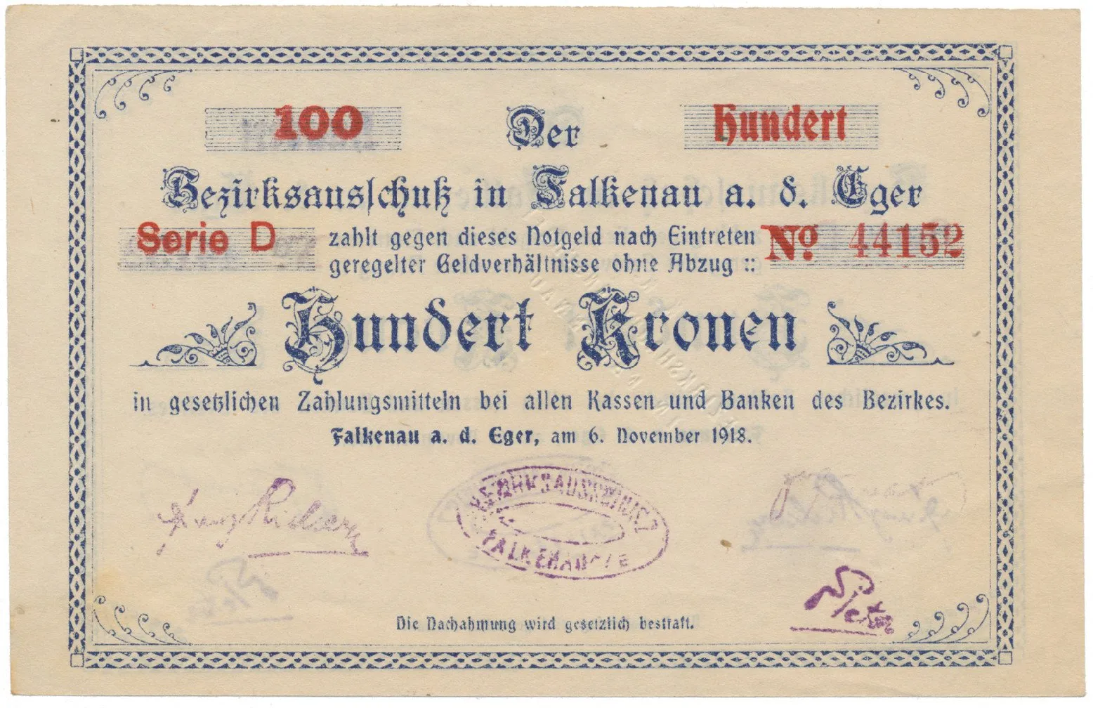 Falkenau (Falknov) - okres, 100 K  1918, HH.46.1.9b